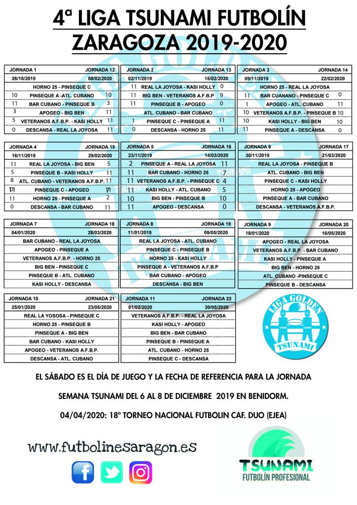 Calendario Liga Tsunami ZARAGOZA 19-20 modi