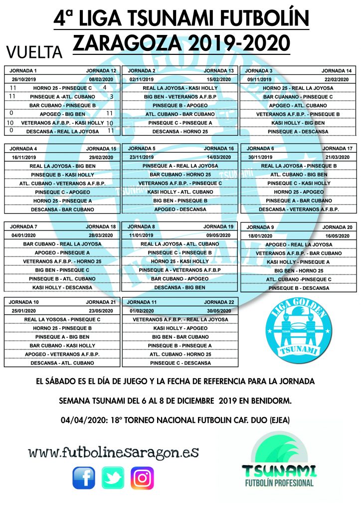 vuelta Calendario Liga Tsunami ZARAGOZA 19-20 modi